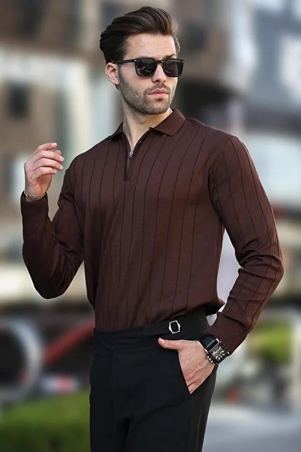 Kahverengi Polo Yaka Fermuarlı Örme Kazak